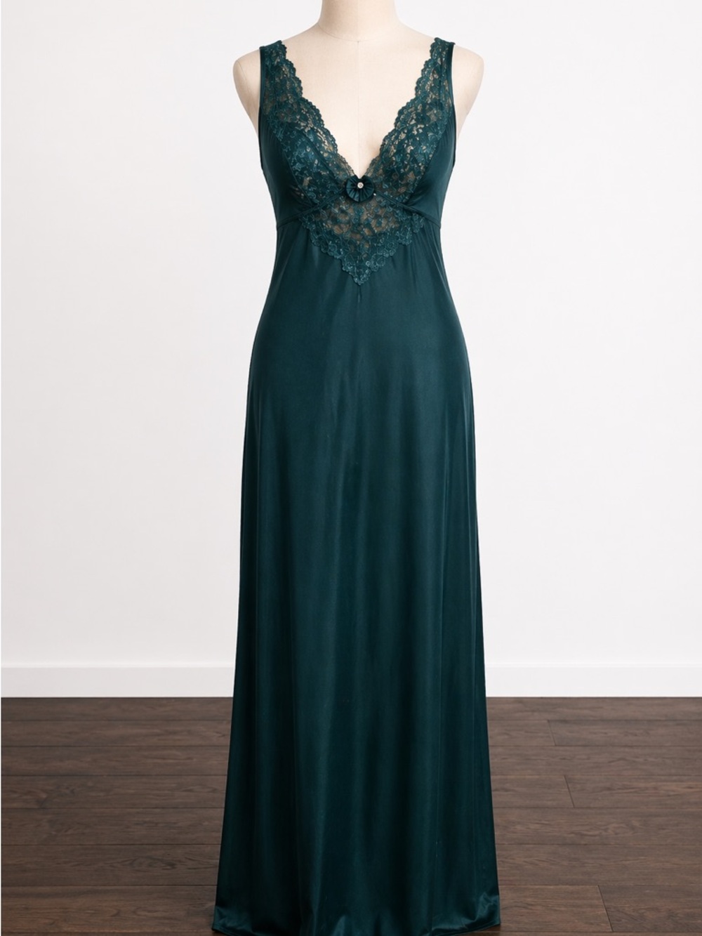 Vintage Vassarette Emerald Nightgown Lace Slip Dress 90s M - Picture 2 of 7